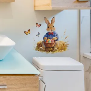Easter bunny wall sticker with colorful eggs and butterflies for bathroom decor