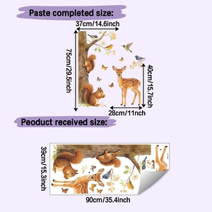 Detail view of animal wall sticker dimensions showing 39x90cm sheet and 75x37cm layout