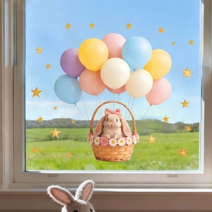 Cartoon Rabbit Hot Air Balloon Wall Stickers Removable PVC Window Decals For Nursery Kids Room Home Decor Aesthetic Art