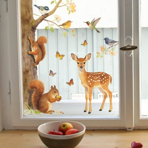Forest animals window decals set with watercolor deer squirrel and colorful birds