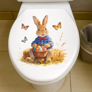 Cartoon Easter bunny wall sticker with colorful eggs and butterflies on white toilet cover