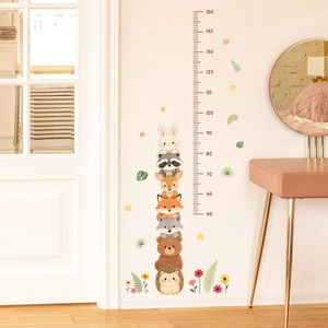 Cartoon animal stack height measurement wall sticker for nursery decor with warm tones
