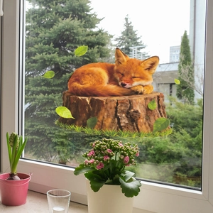 Sticker mural renard endormi sur souche pour décoration de fenêtre et de chambre