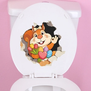 Adesivo 3D scoiattolo con uovo di Pasqua su coperchio WC con fiori e cuori