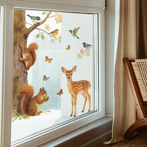 Watercolor forest wall decals with squirrels and deer for home window decoration