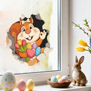 Adesivo per finestre scoiattolo pasquale 3D con tulipani e uova per decorazione festiva