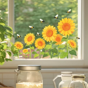Vibrant sunflower and honey bee window stickers for home decor on kitchen glass