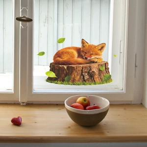 Sticker mural 3D renard endormi sur fenêtre avec feuilles pour décoration maison