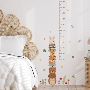 Cartoon animal height chart wall sticker for kids room with hedgehog bear and fox