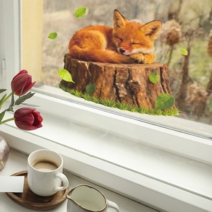 Sticker de fenêtre renard dormant sur souche pour décoration de chambre et vitres