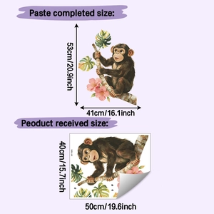 Detailed size chart showing monkey and tropical leaf wall sticker dimensions