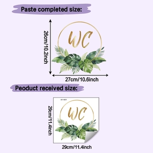 Detailed size chart showing tropical leaf WC wall decal dimensions and application size