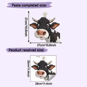 Size chart showing cartoon cow wall sticker finished size 27x27cm and sheet size 29x29cm