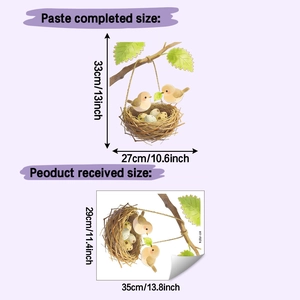 Size chart for bird nest wall sticker showing finished layout and actual sheet dimensions