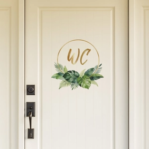 Creative gold WC door sign wall sticker with tropical green leaves on white wood door