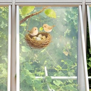 Cartoon birds and nest window stickers with two yellow birds and eggs on tree branch