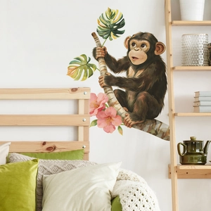 Cute watercolor monkey on branch wall sticker with pink flowers for home decor
