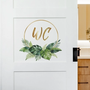 Modern Tropical Leaf WC Toilet Door Sign Wall Sticker Gold Circle Monstera Fern Self Adhesive PVC Bathroom Decor Decal
