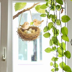 Cartoon wall decal with yellow birds nest and green tree branch for home bedroom decor