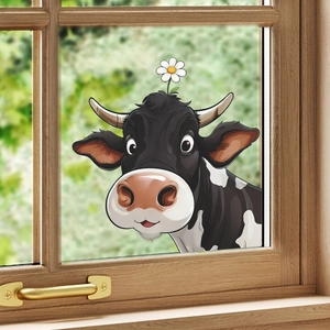 Cute cartoon cow wall sticker with flowers peaking through a wooden window frame decor