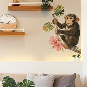 Cute monkey on branch wall sticker with watercolor green leaves and pink flowers