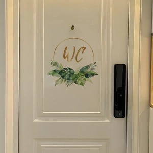 Creative gold WC door sign with tropical leaf wall stickers for modern bathroom decor