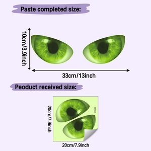 Detailed size specifications for glow-in-the-dark green cat eye decorative wall stickers