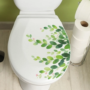 Self-adhesive green leaves and floral toilet lid stickers for home bathroom decoration