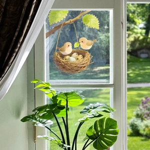 Cartoon birds on tree branch with nest window sticker for home glass decoration