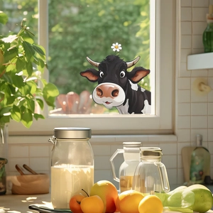 Cartoon cow wall sticker with daisy on kitchen window with fruit and milk jars