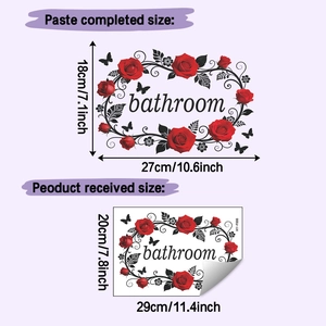 Detailed dimensions of rose flower bathroom wall stickers with floral vine and butterfly