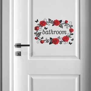 Elegant red rose and butterfly bathroom wall sticker on a white door decor