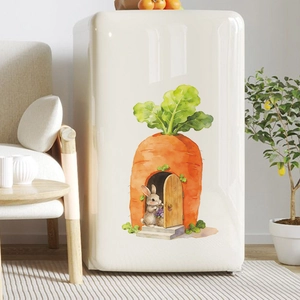 Cute cartoon rabbit carrot house wall sticker on beige fridge in a cozy living room scene