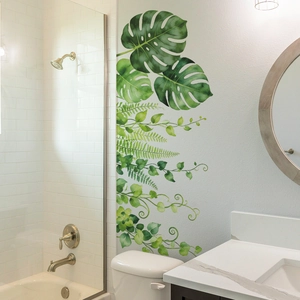 Tropical monstera and fern leaf wall stickers for a modern bathroom home decoration