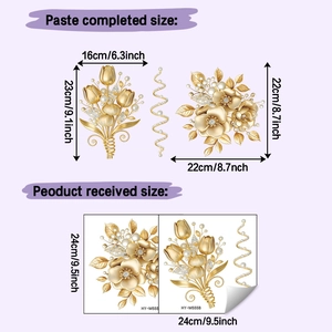 Detailed view of golden tulip wall stickers with pearl accents and sizing dimensions