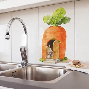 Cartoon rabbit carrot house wall sticker on white kitchen tiles with watercolor art style