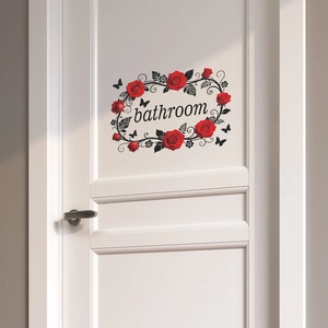 Self-adhesive floral bathroom wall sticker with red roses and butterfly motifs