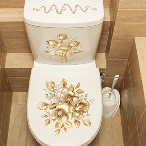 3D golden floral toilet sticker set with pearls for bathroom home wall decor
