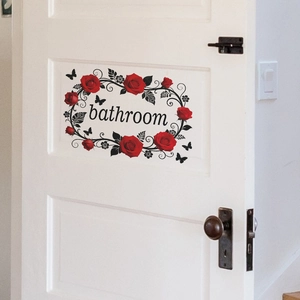 Red Rose Floral Bathroom Door Sign Wall Sticker PVC Self Adhesive Waterproof Flower Decor For Restroom Washroom Home
