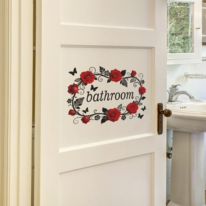 Self-adhesive red rose wall sticker with bathroom lettering for home door decoration