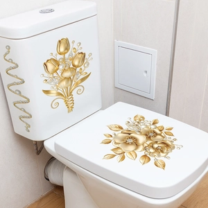 Golden flower and pearl self-adhesive bathroom toilet wall decals for home decor