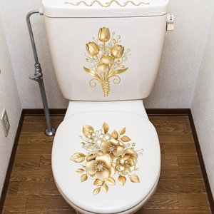 3D golden floral tulip wall stickers with pearls for bathroom and toilet home decor