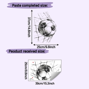 Detailed dimensions of football goal wall sticker showing applied size and original sheet