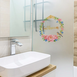 Self-adhesive floral wreath wall sticker with bathroom lettering for room decor