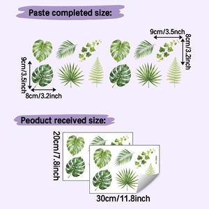 Detailed sheet showing tropical leaf wall stickers dimensions and placement guides