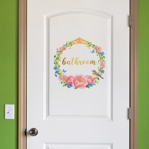 Romantic floral bathroom door sticker featuring pink peonies and golden bathroom text