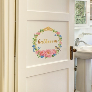 Self-adhesive floral wreath bathroom wall sticker with bird and gold lettering for decor