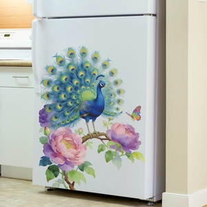 Vibrant peacock and peony flower wall sticker decor on a white refrigerator door