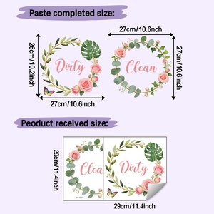 Detailed dimensions of Clean and Dirty floral laundry stickers with pink roses
