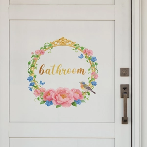 Floral Wreath Bathroom Wall Sticker PVC Waterproof Self-Adhesive Peony Bird Design Door Decal Home Decor Art Poster